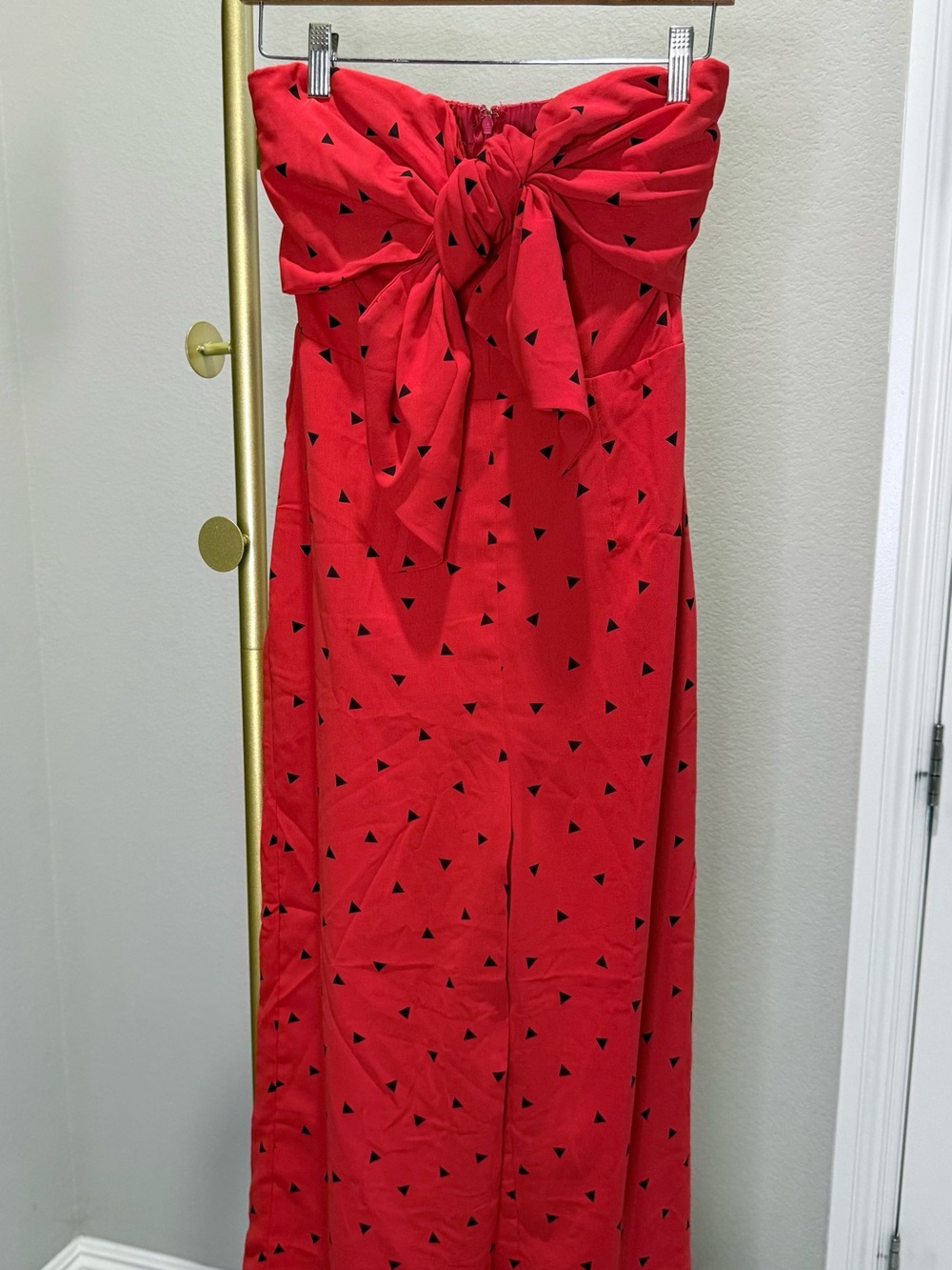Lulu's Red Strapless Maxi Dress with Black Triangle Print and Front Knot
